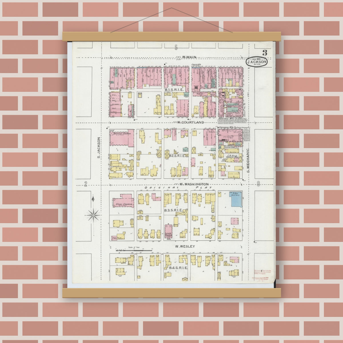 Old map wall art mockup — magnetic wood frame on brick wall — Sanborn Fire Insurance Map from Jackson, Jackson County, Michigan (1893), Sheet #0003