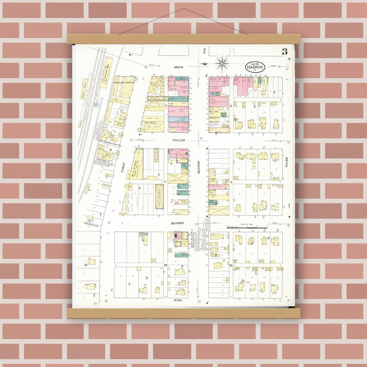 Old map wall art mockup — magnetic wood frame on brick wall — Sanborn Fire Insurance Map from Ida Grove, Ida County, Iowa (1909), Sheet #0003