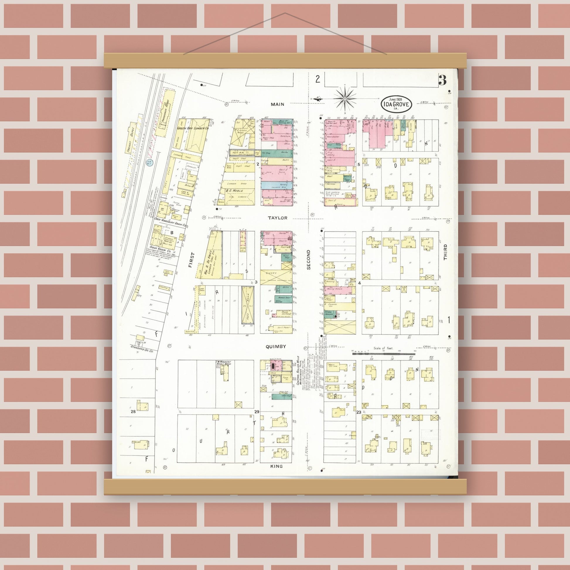 Old map wall art mockup — magnetic wood frame on brick wall — Sanborn Fire Insurance Map from Ida Grove, Ida County, Iowa (1909), Sheet #0003