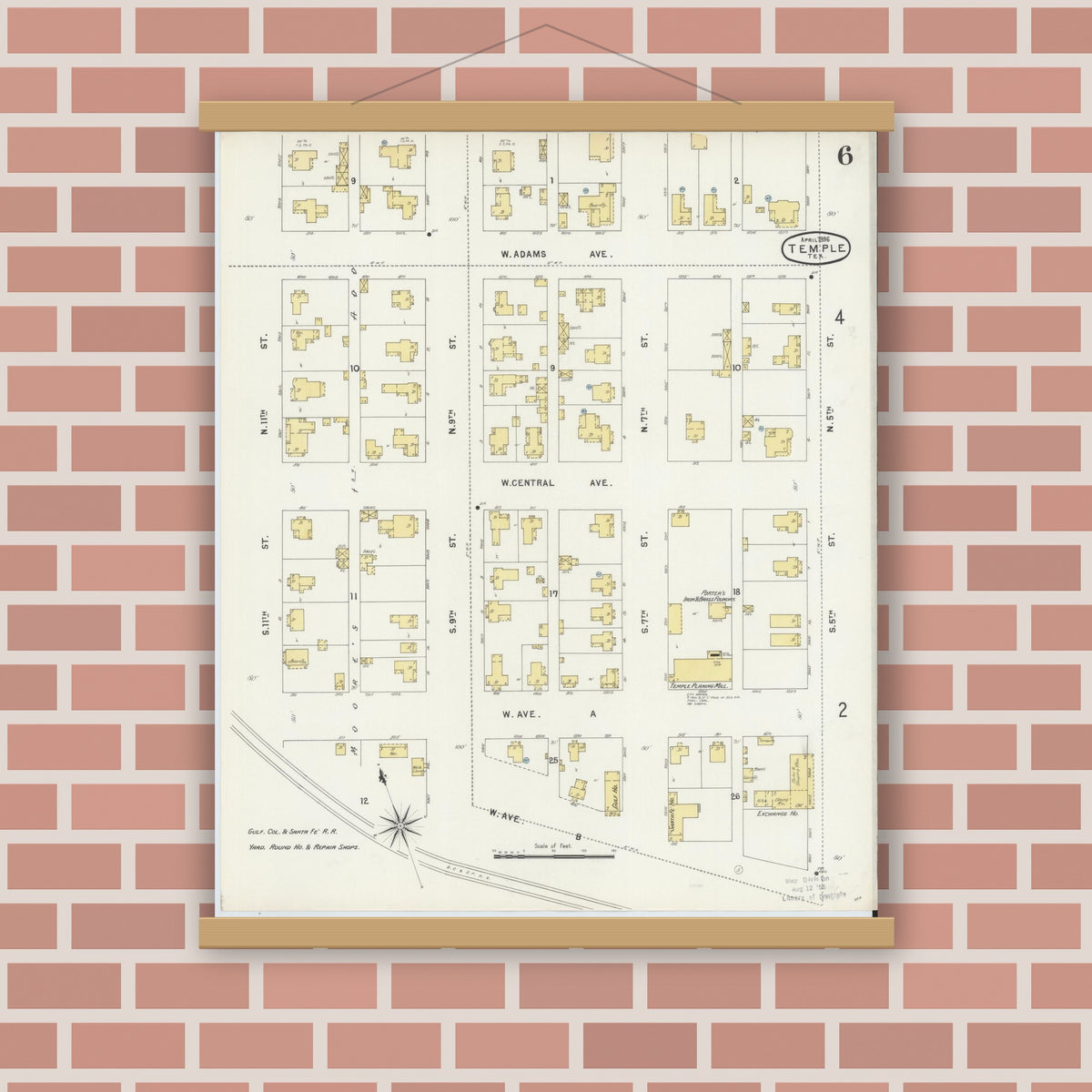 Old map wall art mockup — magnetic wood frame on brick wall — Sanborn Fire Insurance Map from Temple, Bell County, Texas (1896), Sheet #0006