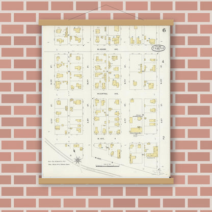 Old map wall art mockup — magnetic wood frame on brick wall — Sanborn Fire Insurance Map from Temple, Bell County, Texas (1896), Sheet #0006