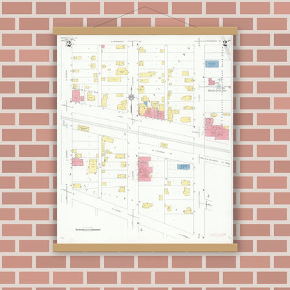 Old map wall art mockup — magnetic wood frame on brick wall — Sanborn Fire Insurance Map from Bensenville, Dupage County, Illinois (1933), Sheet #0002