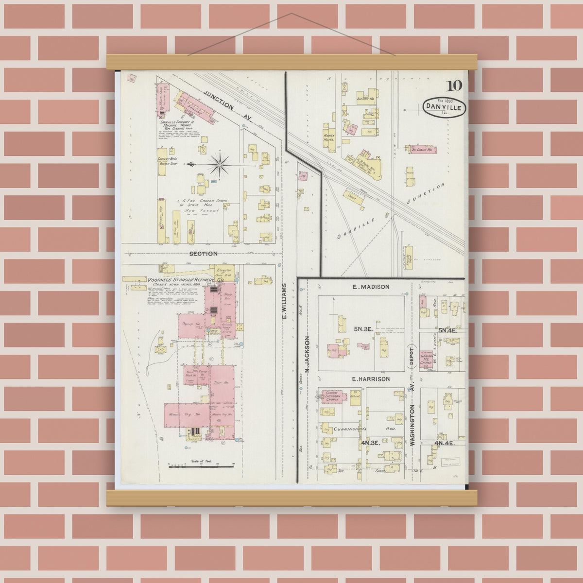 Old map wall art mockup — magnetic wood frame on brick wall — Sanborn Fire Insurance Map from Danville, Vermilion County, Illinois (1890), Sheet #0010