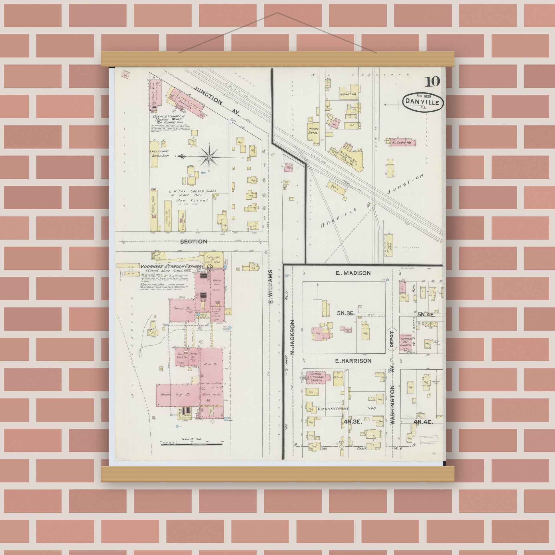 Old map wall art mockup — magnetic wood frame on brick wall — Sanborn Fire Insurance Map from Danville, Vermilion County, Illinois (1890), Sheet #0010