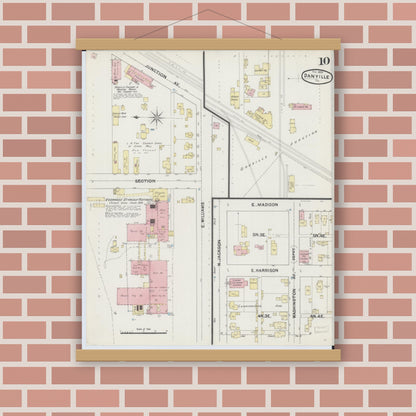 Old map wall art mockup — magnetic wood frame on brick wall — Sanborn Fire Insurance Map from Danville, Vermilion County, Illinois (1890), Sheet #0010