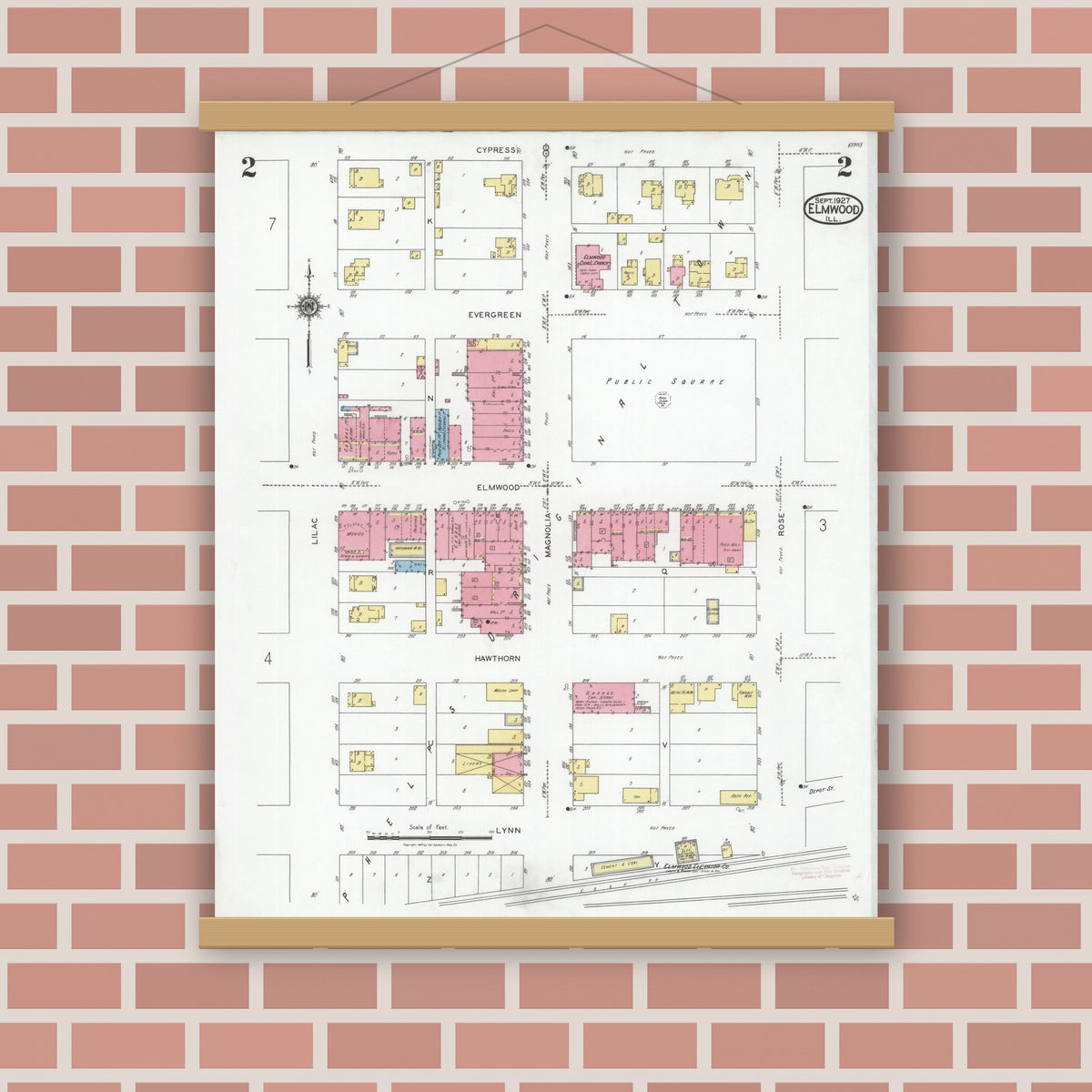 Old map wall art mockup — magnetic wood frame on brick wall — Sanborn Fire Insurance Map from Elmwood, Peoria County, Illinois (1927), Sheet #0002