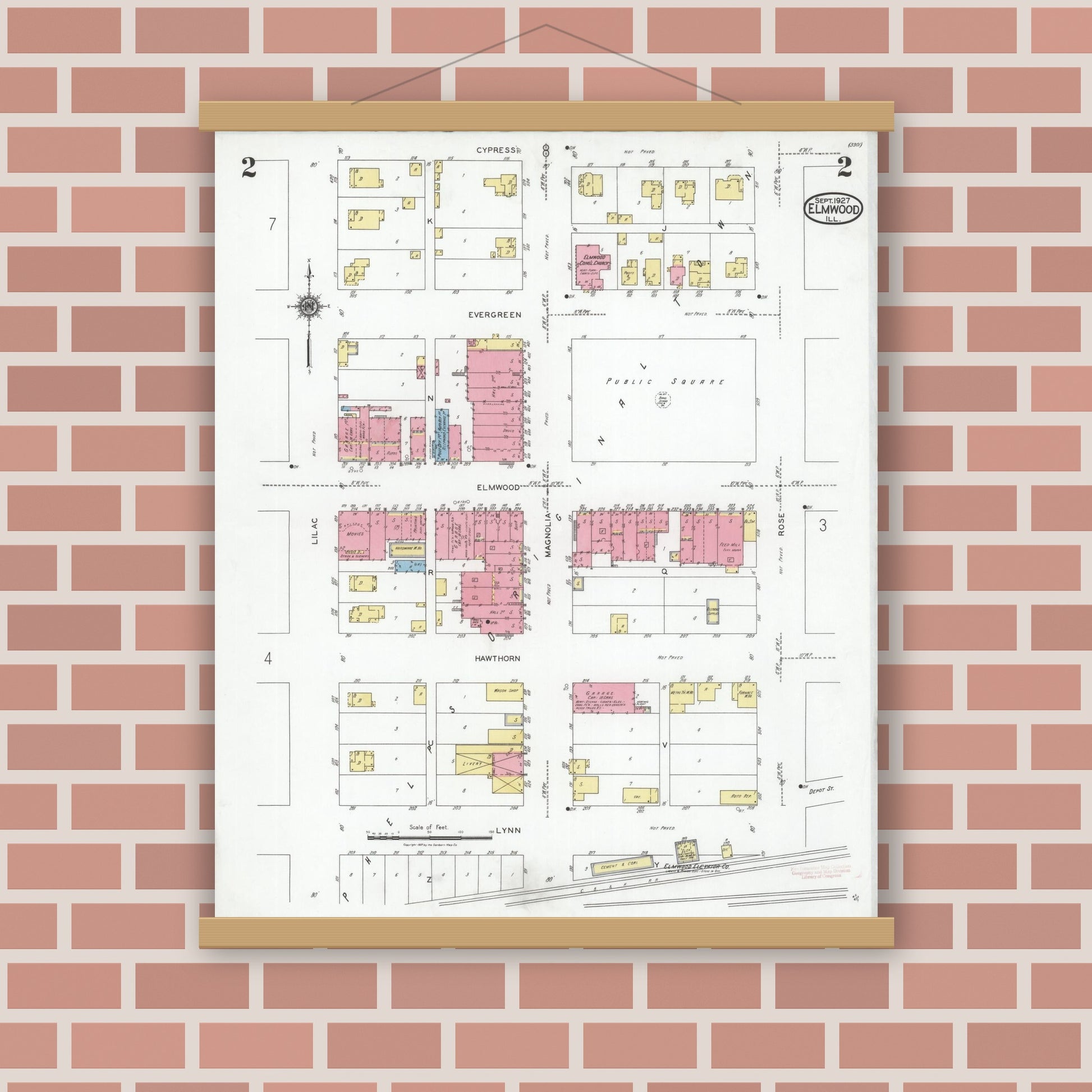 Old map wall art mockup — magnetic wood frame on brick wall — Sanborn Fire Insurance Map from Elmwood, Peoria County, Illinois (1927), Sheet #0002