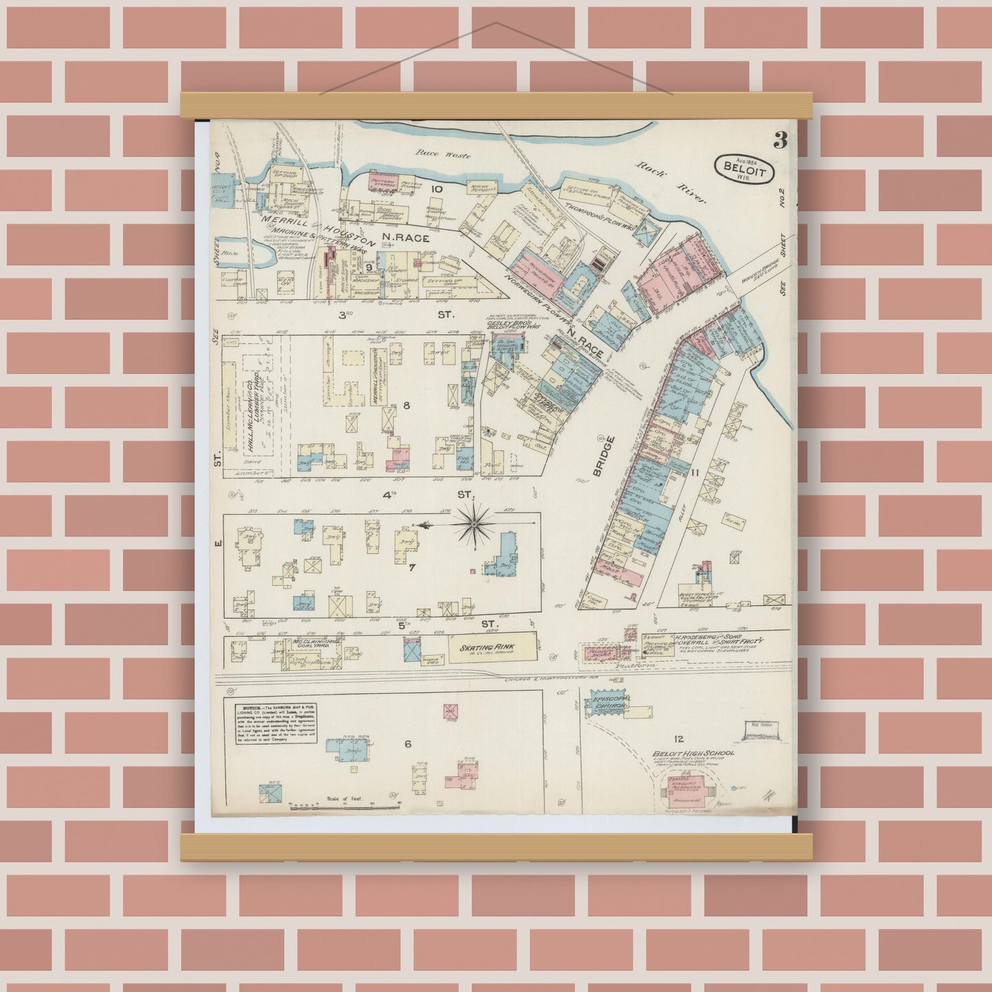 Old map wall art mockup — magnetic wood frame on brick wall — Sanborn Fire Insurance Map from Beloit, Rock County, Wisconsin (1884), Sheet #0003