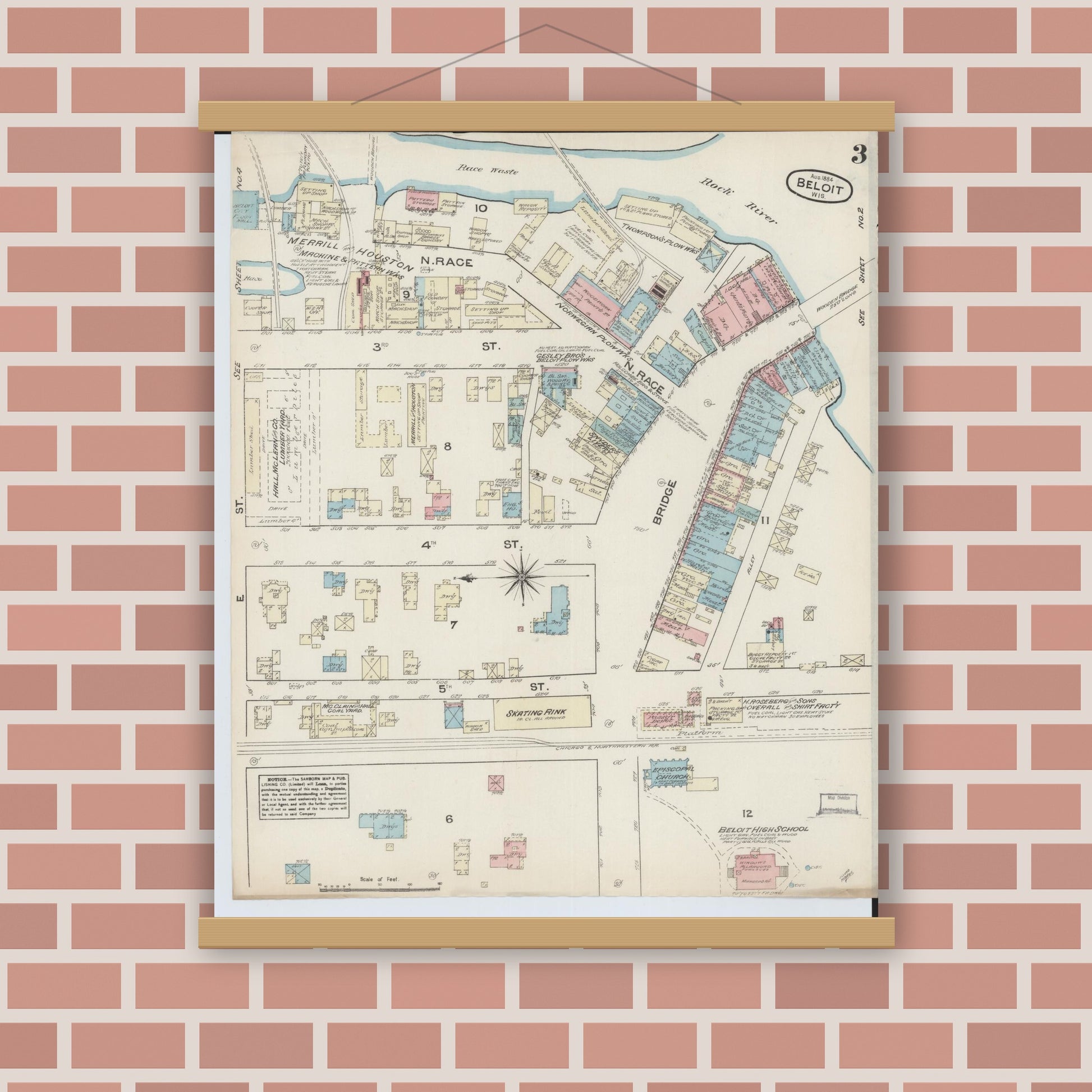 Old map wall art mockup — magnetic wood frame on brick wall — Sanborn Fire Insurance Map from Beloit, Rock County, Wisconsin (1884), Sheet #0003