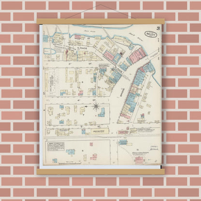 Old map wall art mockup — magnetic wood frame on brick wall — Sanborn Fire Insurance Map from Beloit, Rock County, Wisconsin (1884), Sheet #0003