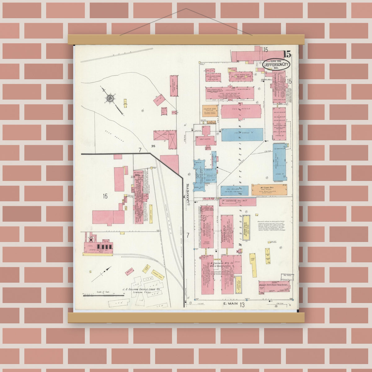 Old map wall art mockup — magnetic wood frame on brick wall — Sanborn Fire Insurance Map from Jefferson City, Cole County, Missouri (1916), Sheet #0015