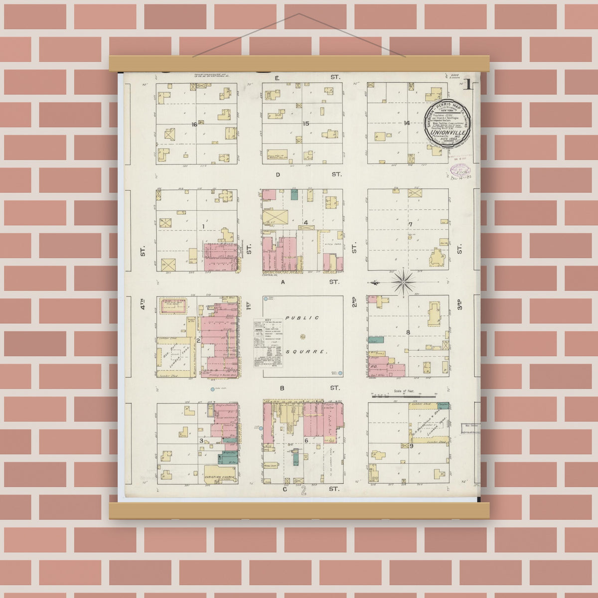 Old map wall art mockup — magnetic wood frame on brick wall — Sanborn Fire Insurance Map from Unionville, Putnam County, Missouri (1893) - Complete Map Set