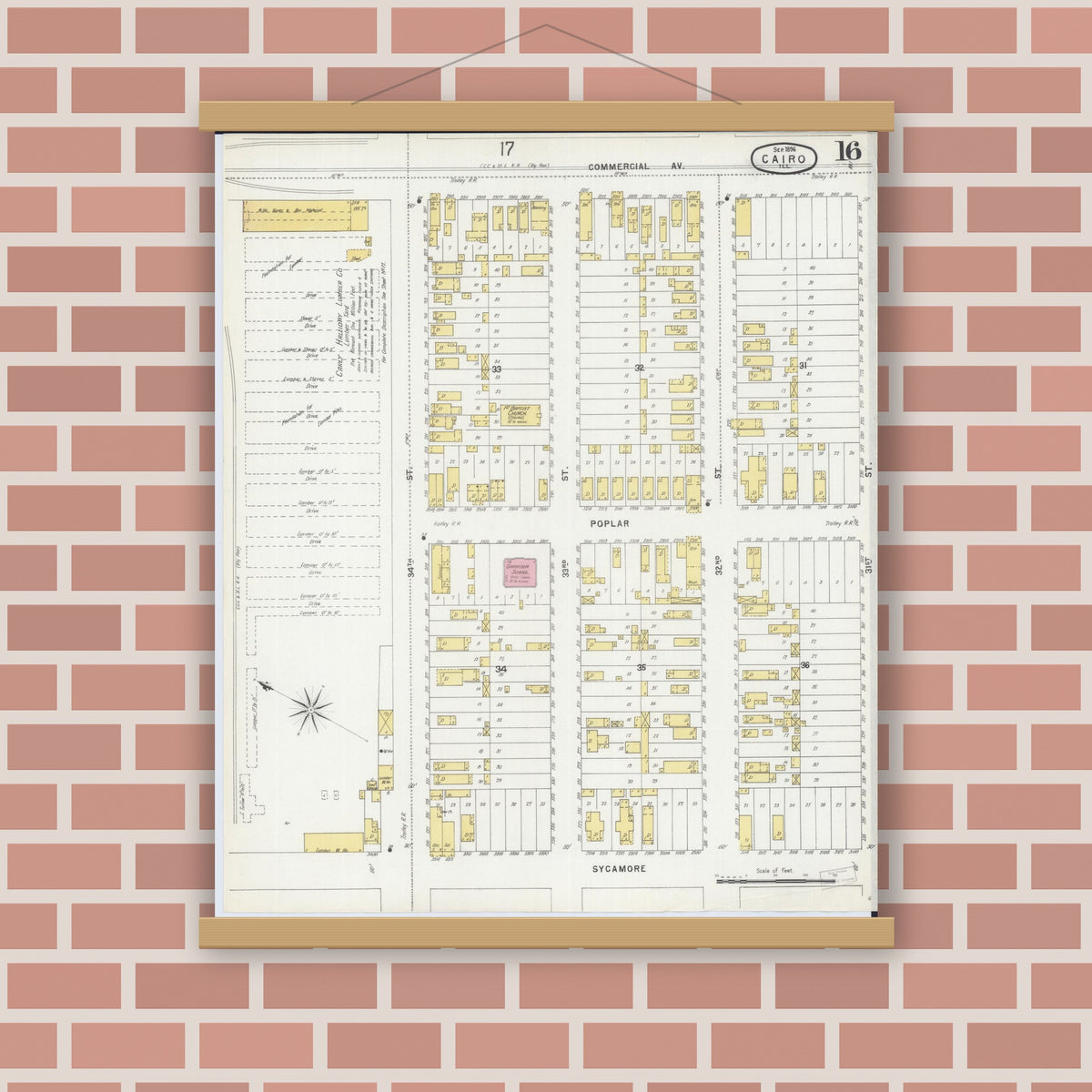 Old map wall art mockup — magnetic wood frame on brick wall — Sanborn Fire Insurance Map from Cairo, Alexander County, Illinois (1896), Sheet #0016