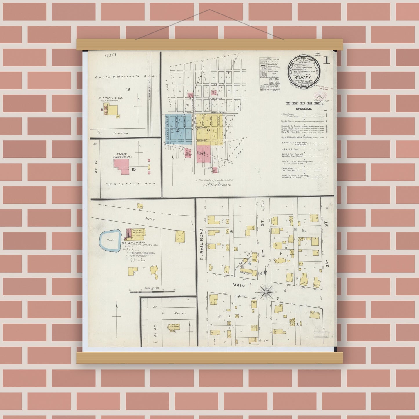 Old map wall art mockup — magnetic wood frame on brick wall — Sanborn Fire Insurance Map from Ashley, Washington County, Illinois (1894), Sheet #0001