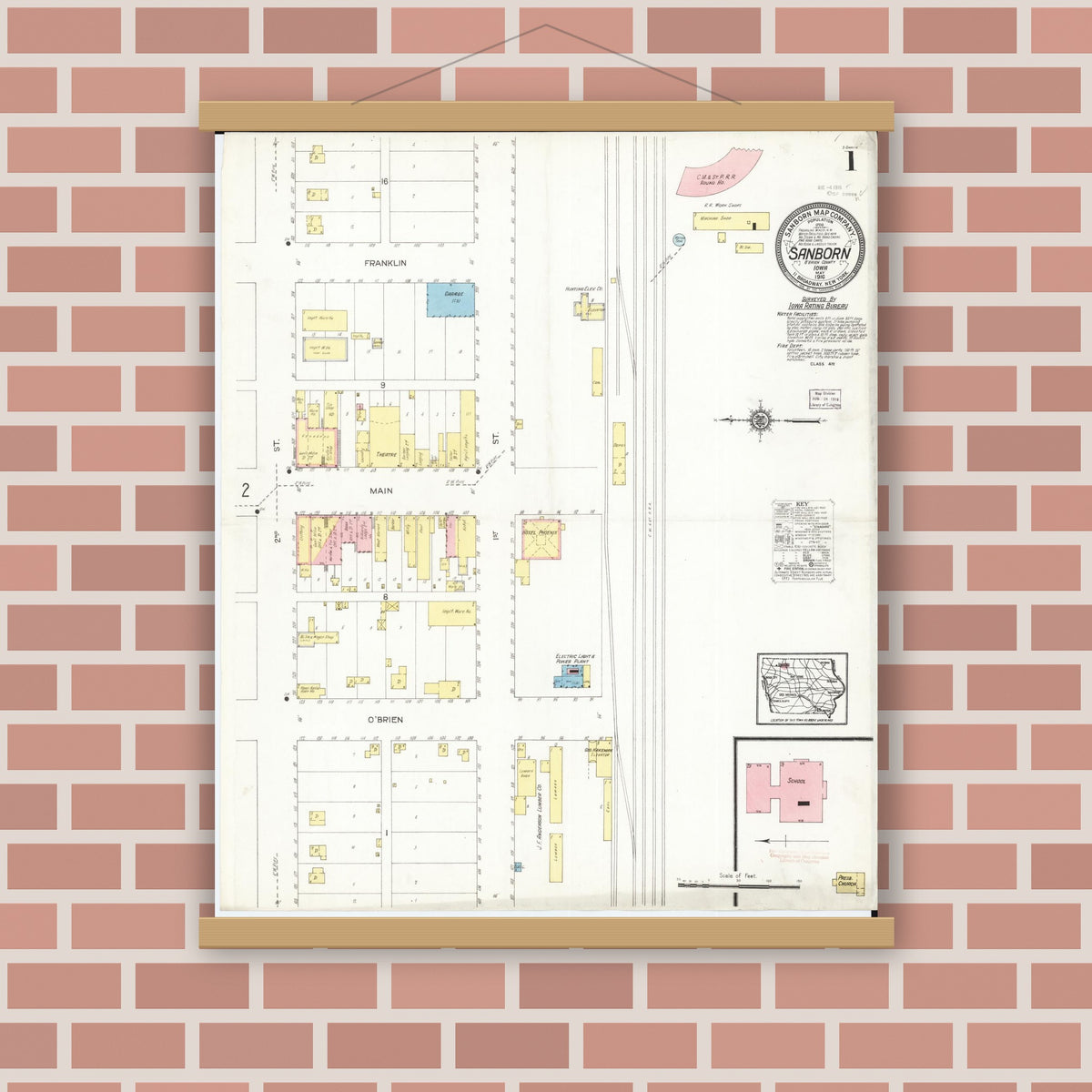 Old map wall art mockup — magnetic wood frame on brick wall — Sanborn Fire Insurance Map from Sanborn, O'Brien County, Iowa (1916) â€” Complete Set