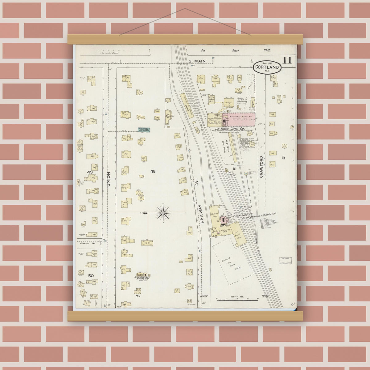 Old map wall art mockup — magnetic wood frame on brick wall — Sanborn Fire Insurance Map from Cortland, Cortland County, New York (1887), Sheet #0011