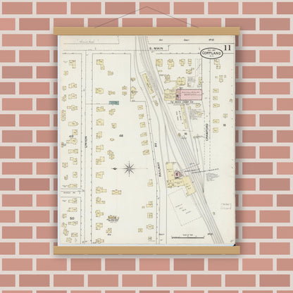 Old map wall art mockup — magnetic wood frame on brick wall — Sanborn Fire Insurance Map from Cortland, Cortland County, New York (1887), Sheet #0011