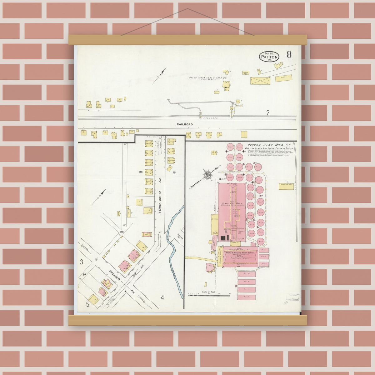 Old map wall art mockup — magnetic wood frame on brick wall — Sanborn Fire Insurance Map from Patton, Cambria County, Pennsylvania (1910), Sheet #0008