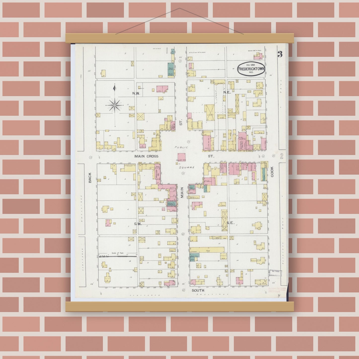 Old map wall art mockup — magnetic wood frame on brick wall — Sanborn Fire Insurance Map from Fredericktown, Madison County, Missouri (1893), Sheet #0003