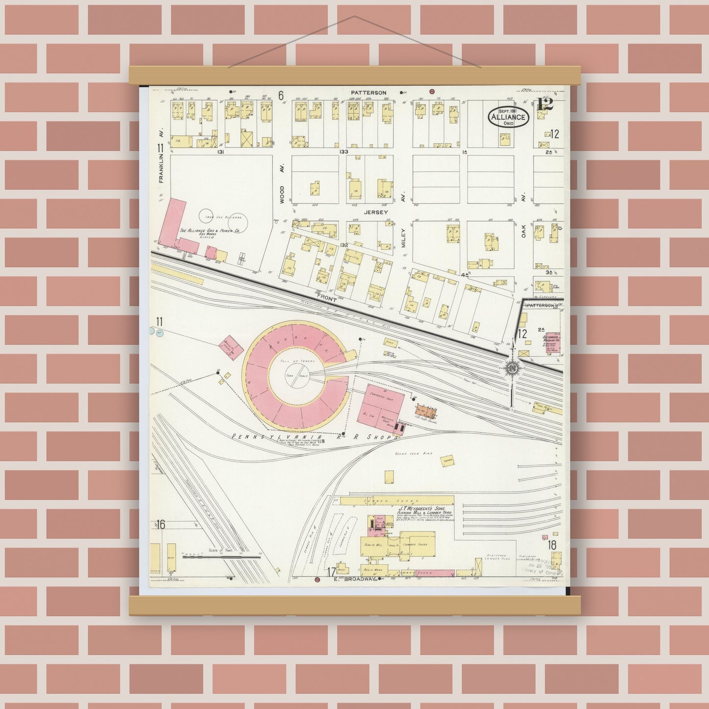 Old map wall art mockup — magnetic wood frame on brick wall — Sanborn Fire Insurance Map from Alliance, Stark County, Ohio (1911), Sheet #0012