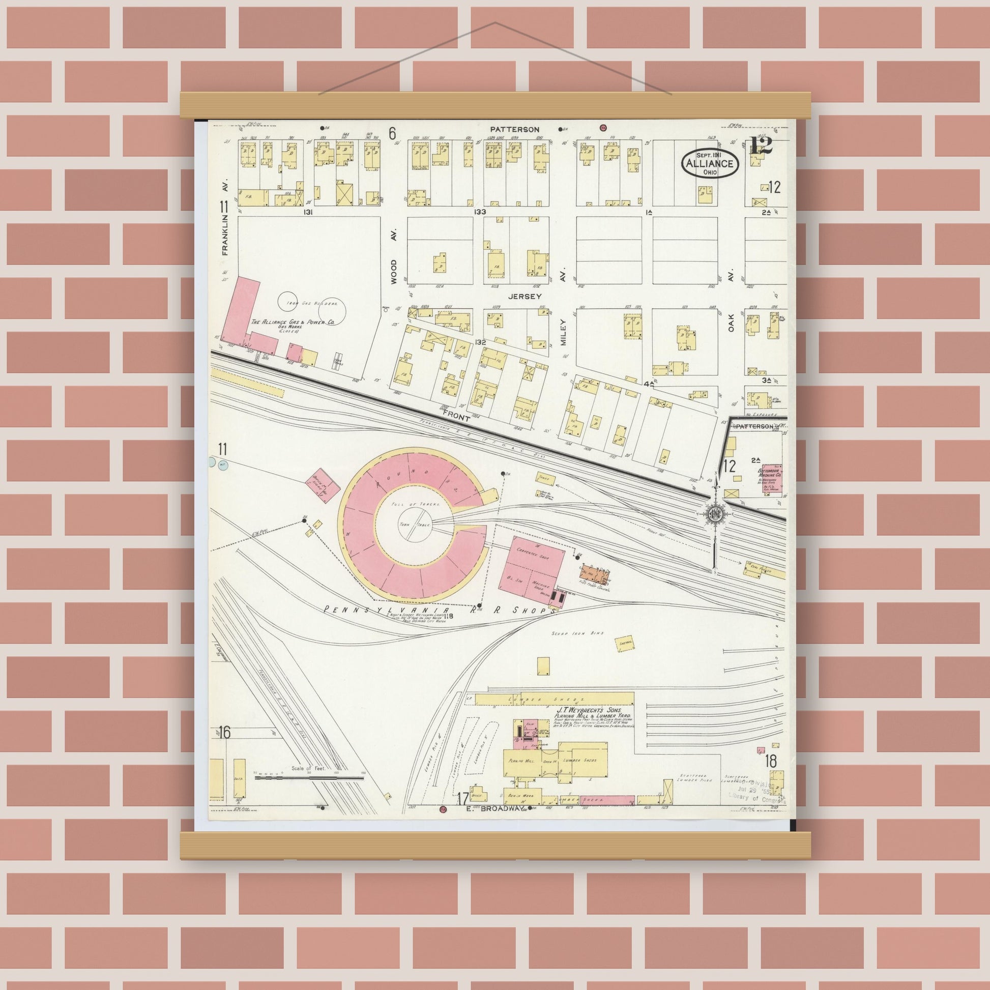Old map wall art mockup — magnetic wood frame on brick wall — Sanborn Fire Insurance Map from Alliance, Stark County, Ohio (1911), Sheet #0012