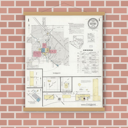 Old map wall art mockup — magnetic wood frame on brick wall — Sanborn Fire Insurance Map from Snyder, Scurry County, Texas (1927), Sheet #0001