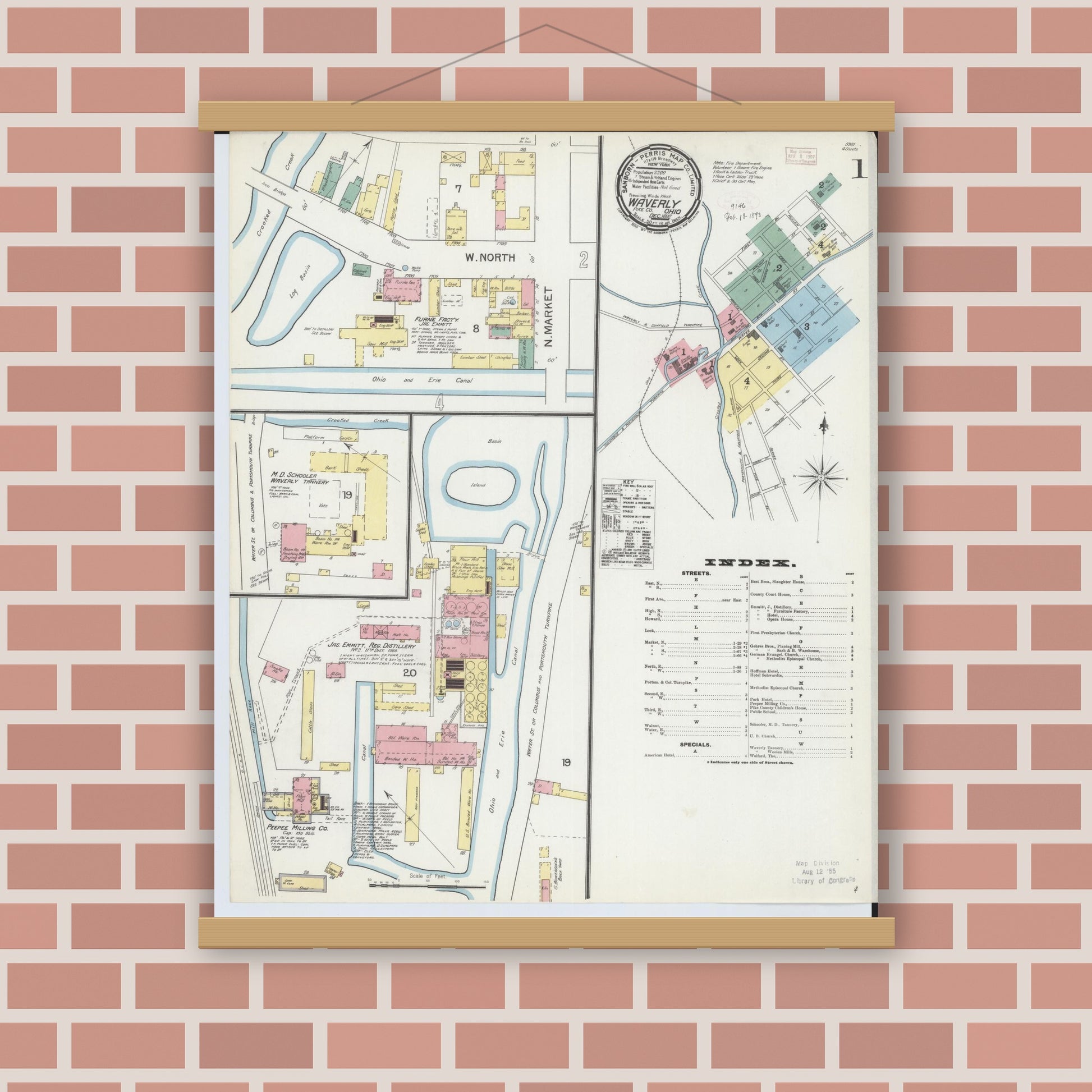 Old map wall art mockup — magnetic wood frame on brick wall — Sanborn Fire Insurance Map from Waverly, Pike County, Ohio (1892) - Complete Map Set