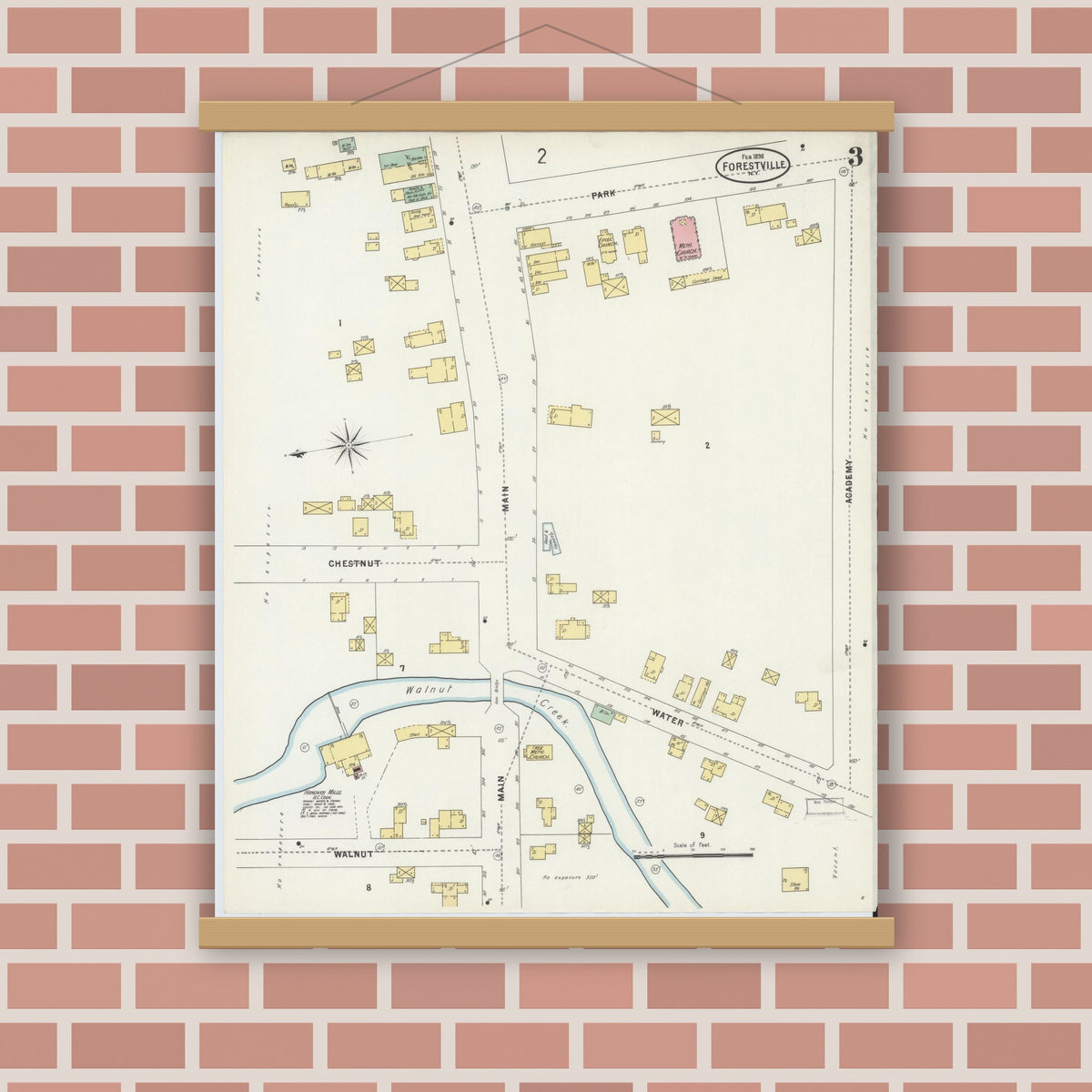 Old map wall art mockup — magnetic wood frame on brick wall — Sanborn Fire Insurance Map from Forestville, Chautauqua County, New York (1898), Sheet #0003