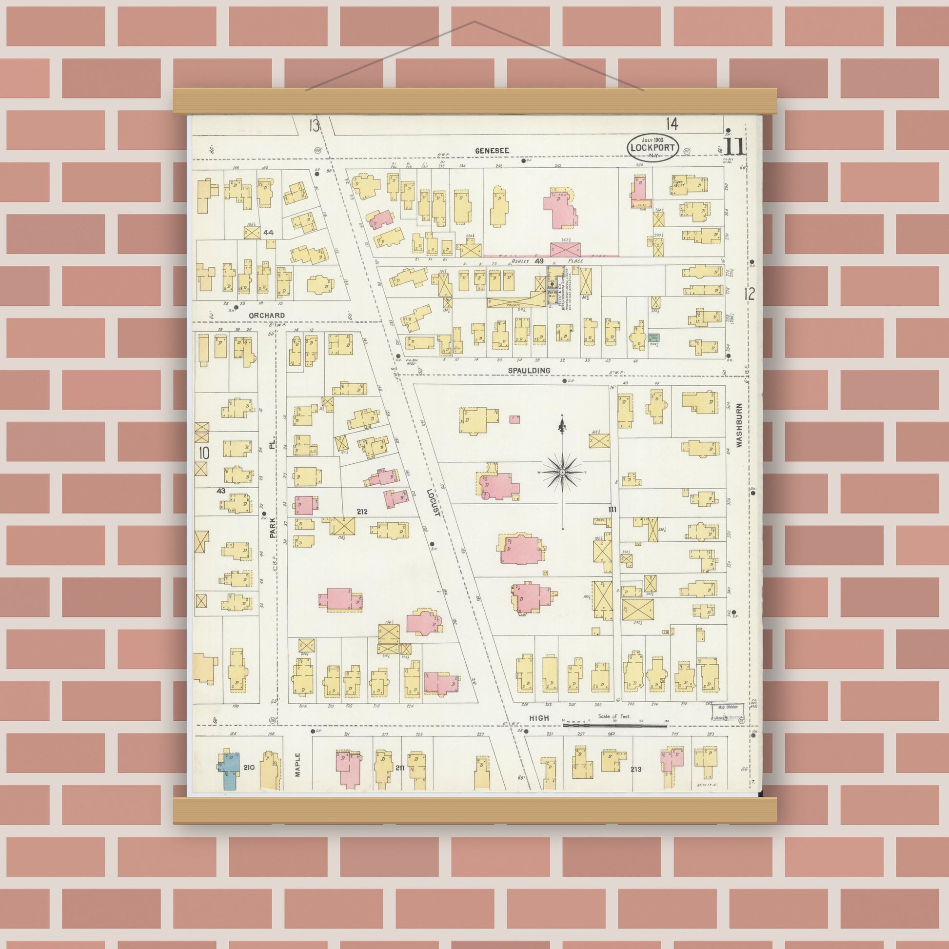 Old map wall art mockup — magnetic wood frame on brick wall — Sanborn Fire Insurance Map from Lockport, Niagara County, New York (1903), Sheet #0011