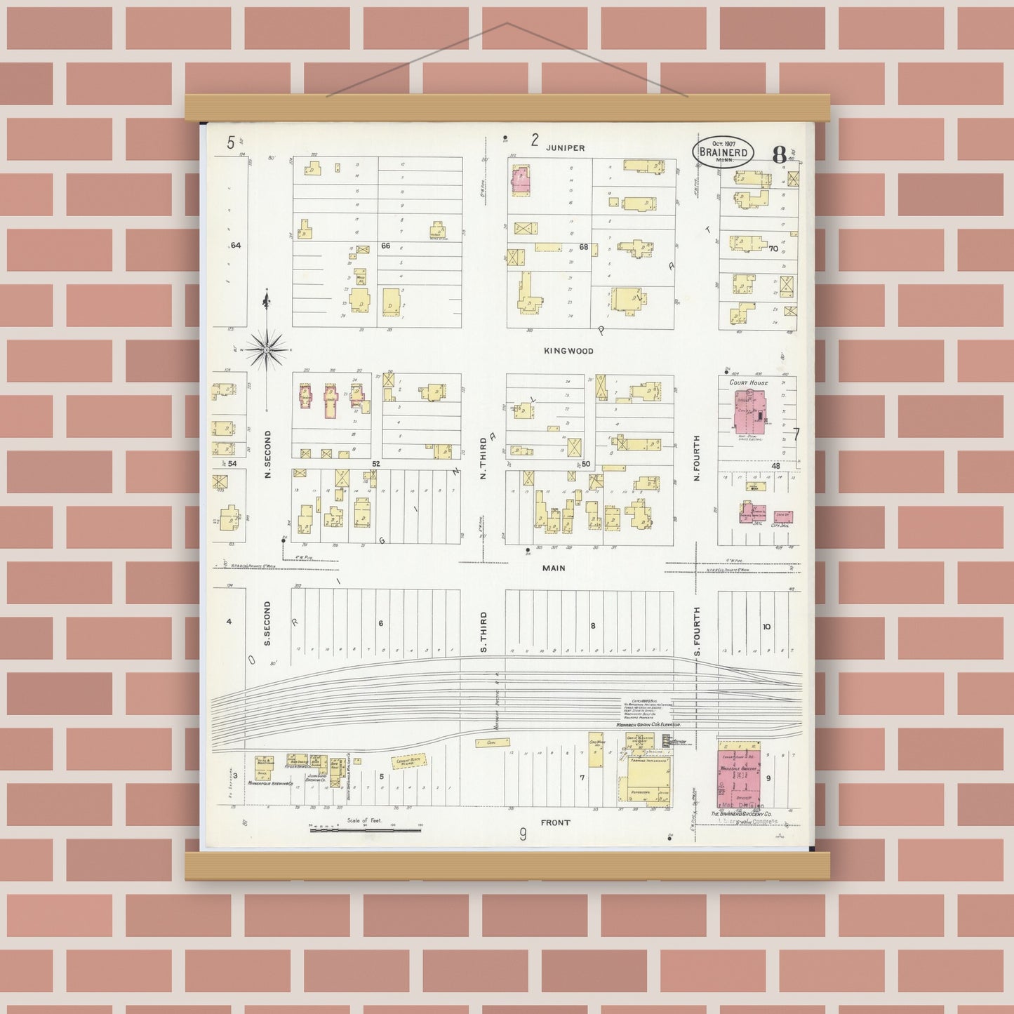 Old map wall art mockup — magnetic wood frame on brick wall — Sanborn Fire Insurance Map from Brainerd, Crow Wing County, Minnesota (1907), Sheet #0008