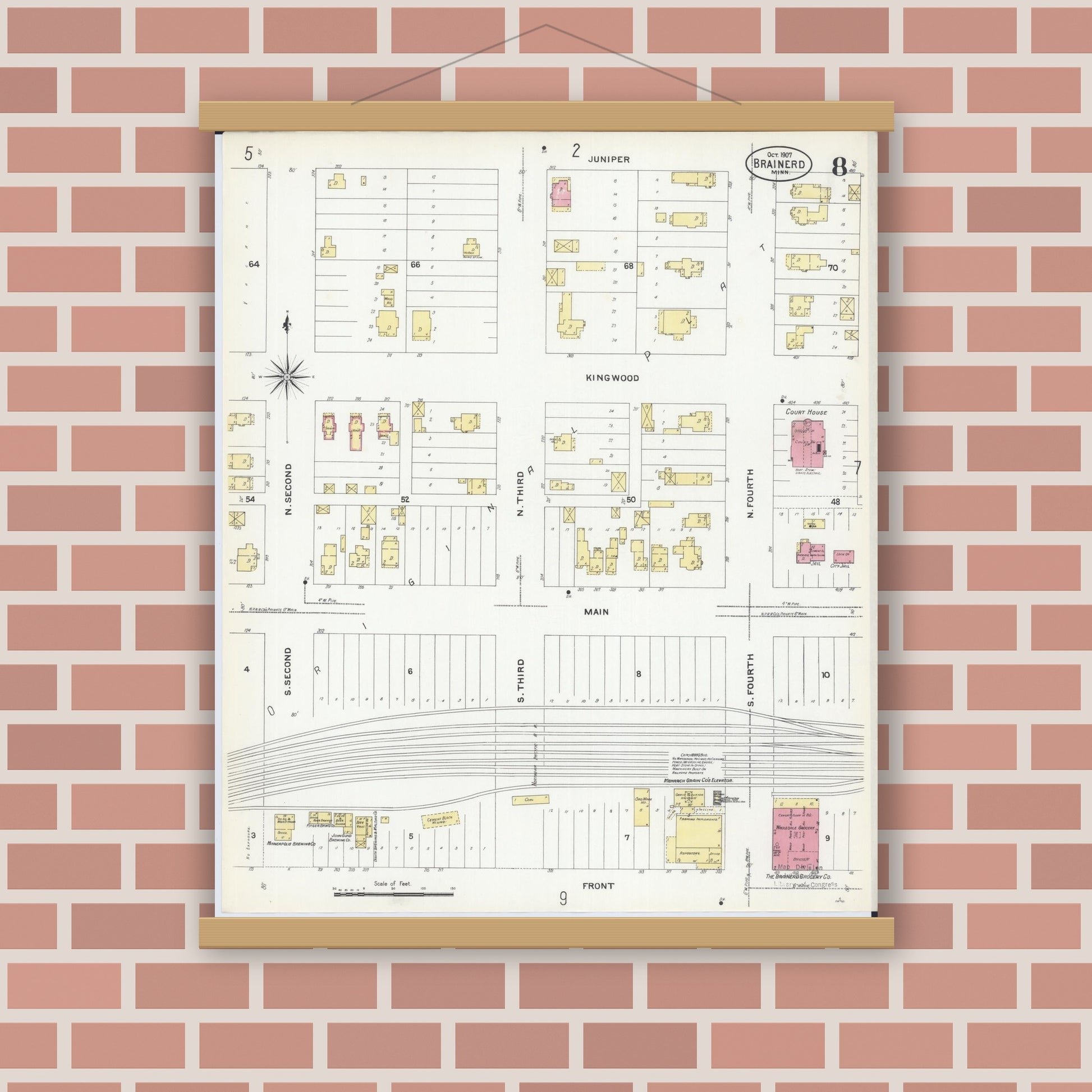 Old map wall art mockup — magnetic wood frame on brick wall — Sanborn Fire Insurance Map from Brainerd, Crow Wing County, Minnesota (1907), Sheet #0008