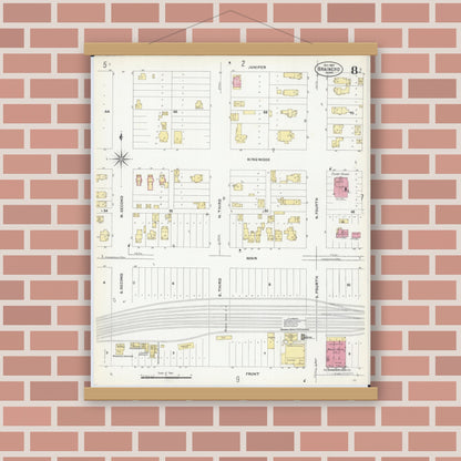 Old map wall art mockup — magnetic wood frame on brick wall — Sanborn Fire Insurance Map from Brainerd, Crow Wing County, Minnesota (1907), Sheet #0008