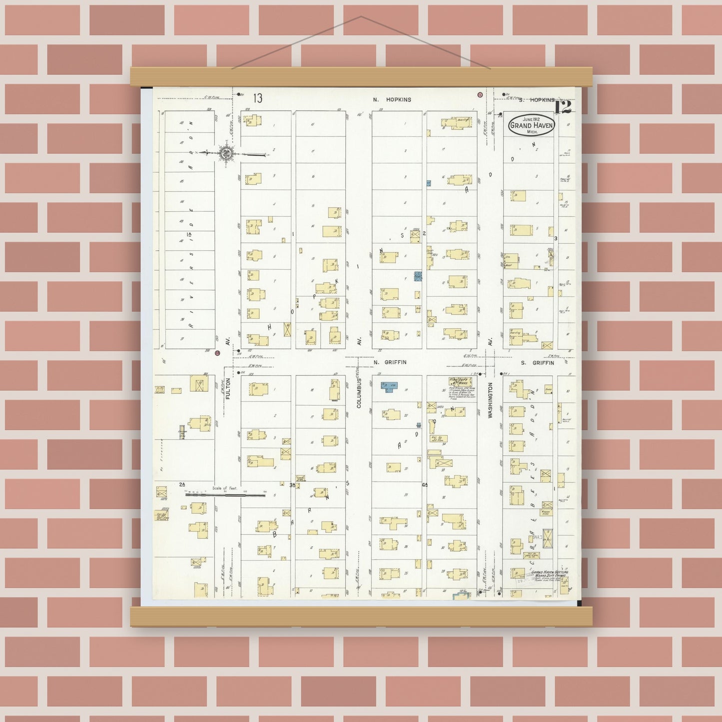 Old map wall art mockup — magnetic wood frame on brick wall — Sanborn Fire Insurance Map from Grand Haven, Ottawa County, Michigan (1912), Sheet #0012