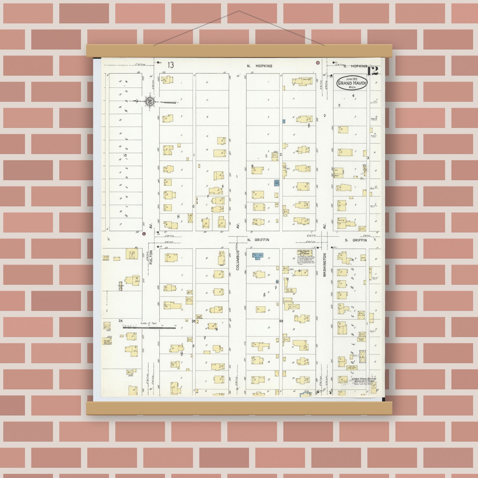 Old map wall art mockup — magnetic wood frame on brick wall — Sanborn Fire Insurance Map from Grand Haven, Ottawa County, Michigan (1912), Sheet #0012