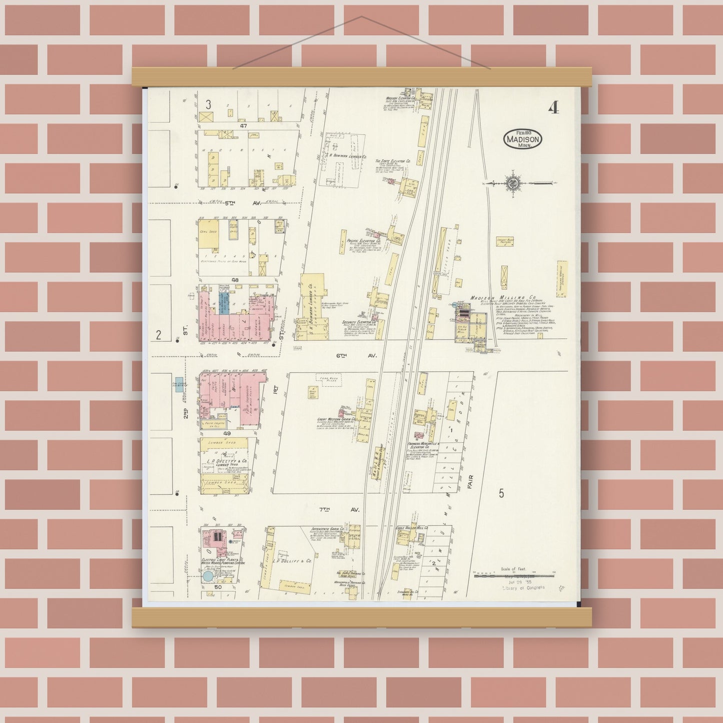 Old map wall art mockup — magnetic wood frame on brick wall — Sanborn Fire Insurance Map from Madison, Lac Qui Parle County, Minnesota (1913), Sheet #0004