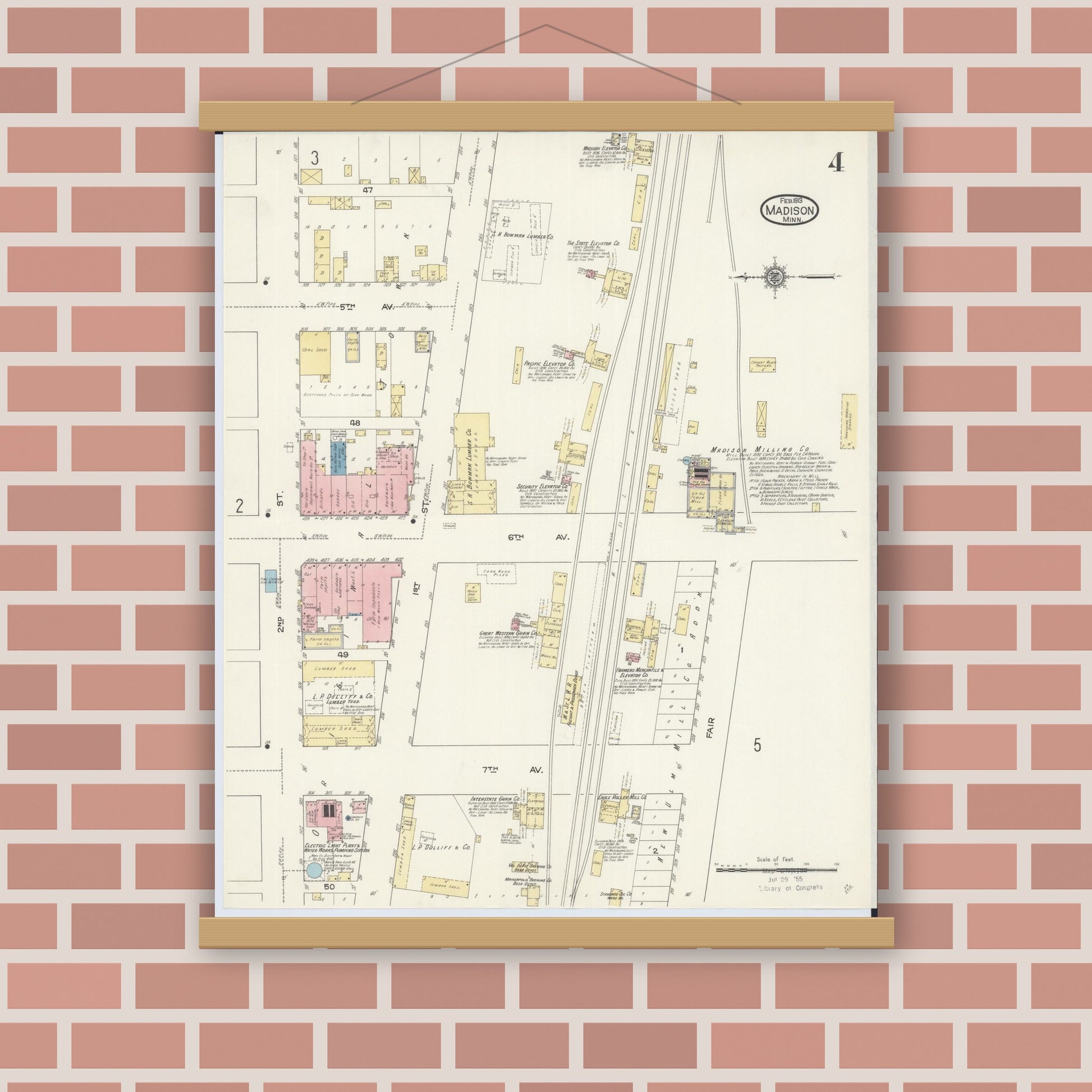 Old map wall art mockup — magnetic wood frame on brick wall — Sanborn Fire Insurance Map from Madison, Lac Qui Parle County, Minnesota (1913), Sheet #0004