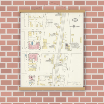 Old map wall art mockup — magnetic wood frame on brick wall — Sanborn Fire Insurance Map from Madison, Lac Qui Parle County, Minnesota (1913), Sheet #0004