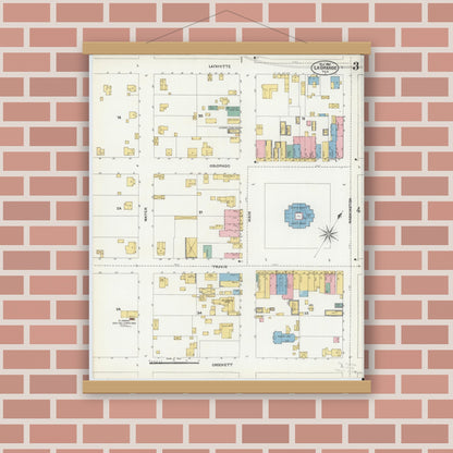 Old map wall art mockup — magnetic wood frame on brick wall — Sanborn Fire Insurance Map from La Grange, Fayette County, Texas (1906), Sheet #0003