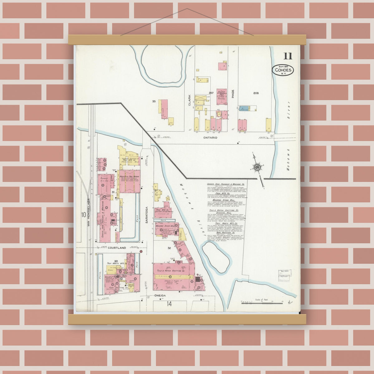 Old map wall art mockup — magnetic wood frame on brick wall — Sanborn Fire Insurance Map from Cohoes, Albany County, New York (1910), Sheet #0011