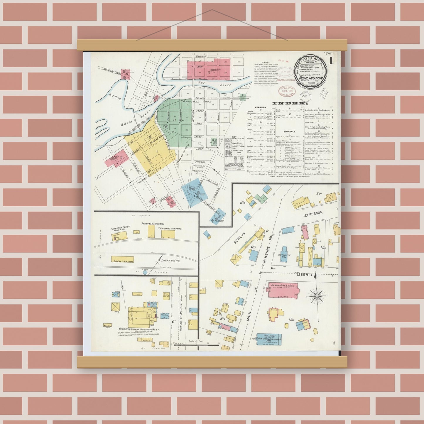Old map wall art mockup — magnetic wood frame on brick wall — Sanborn Fire Insurance Map from Burlington, Racine County, Wisconsin (1898) - Complete Map Set