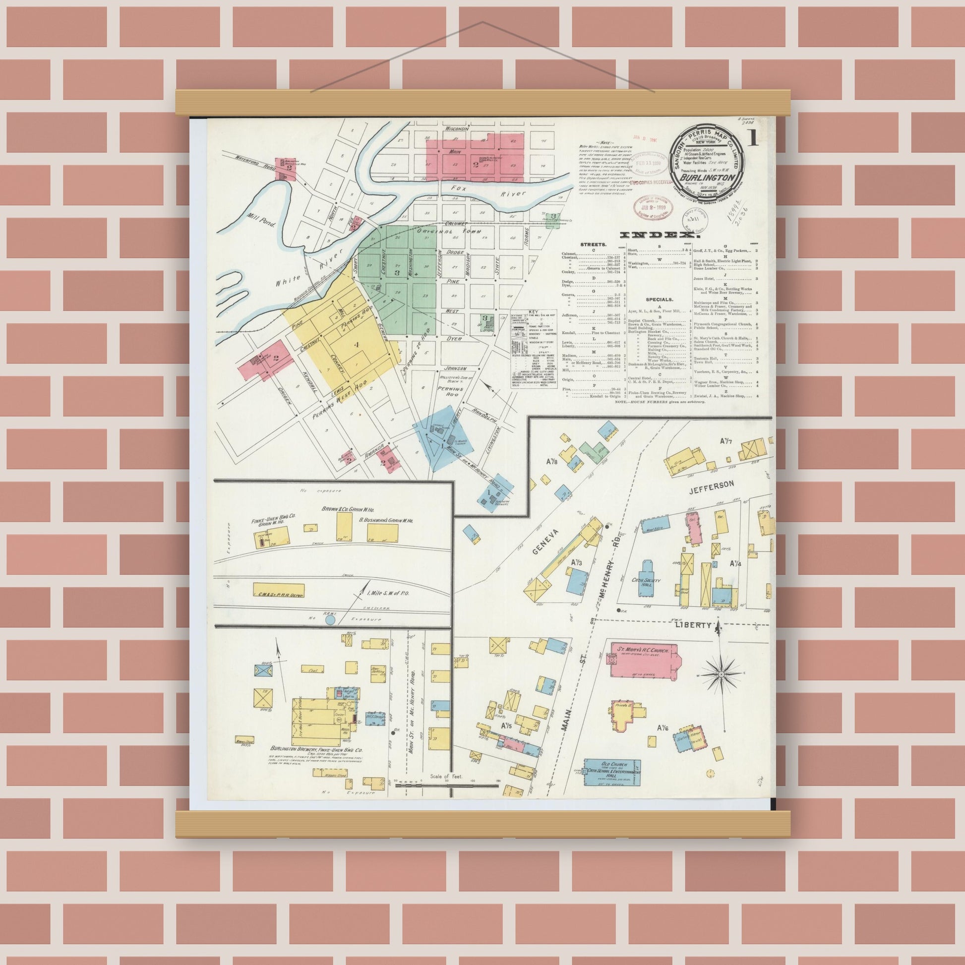 Old map wall art mockup — magnetic wood frame on brick wall — Sanborn Fire Insurance Map from Burlington, Racine County, Wisconsin (1898) - Complete Map Set