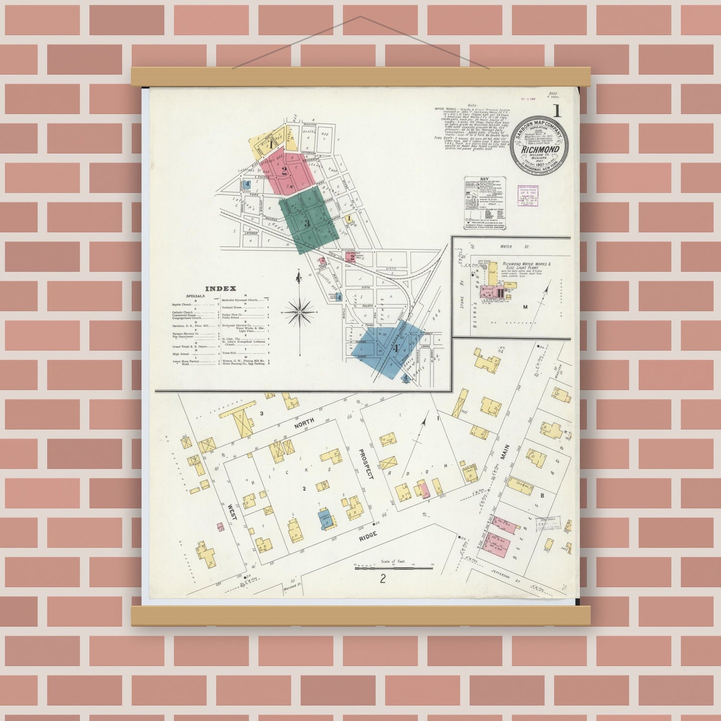 Old map wall art mockup — magnetic wood frame on brick wall — Sanborn Fire Insurance Map from Richmond, Macomb County, Michigan (1907), Sheet #0001