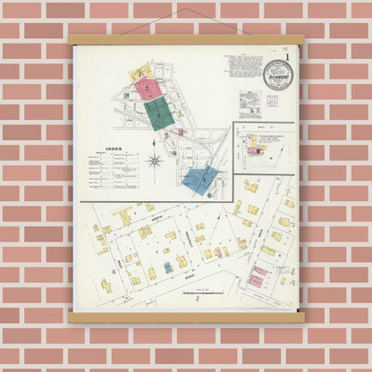 Old map wall art mockup — magnetic wood frame on brick wall — Sanborn Fire Insurance Map from Richmond, Macomb County, Michigan (1907), Sheet #0001
