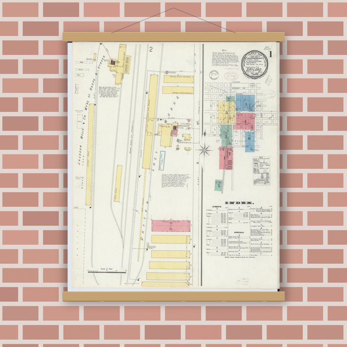 Old map wall art mockup — magnetic wood frame on brick wall — Sanborn Fire Insurance Map from Gaylord, Otsego County, Michigan (1898), Sheet #0001
