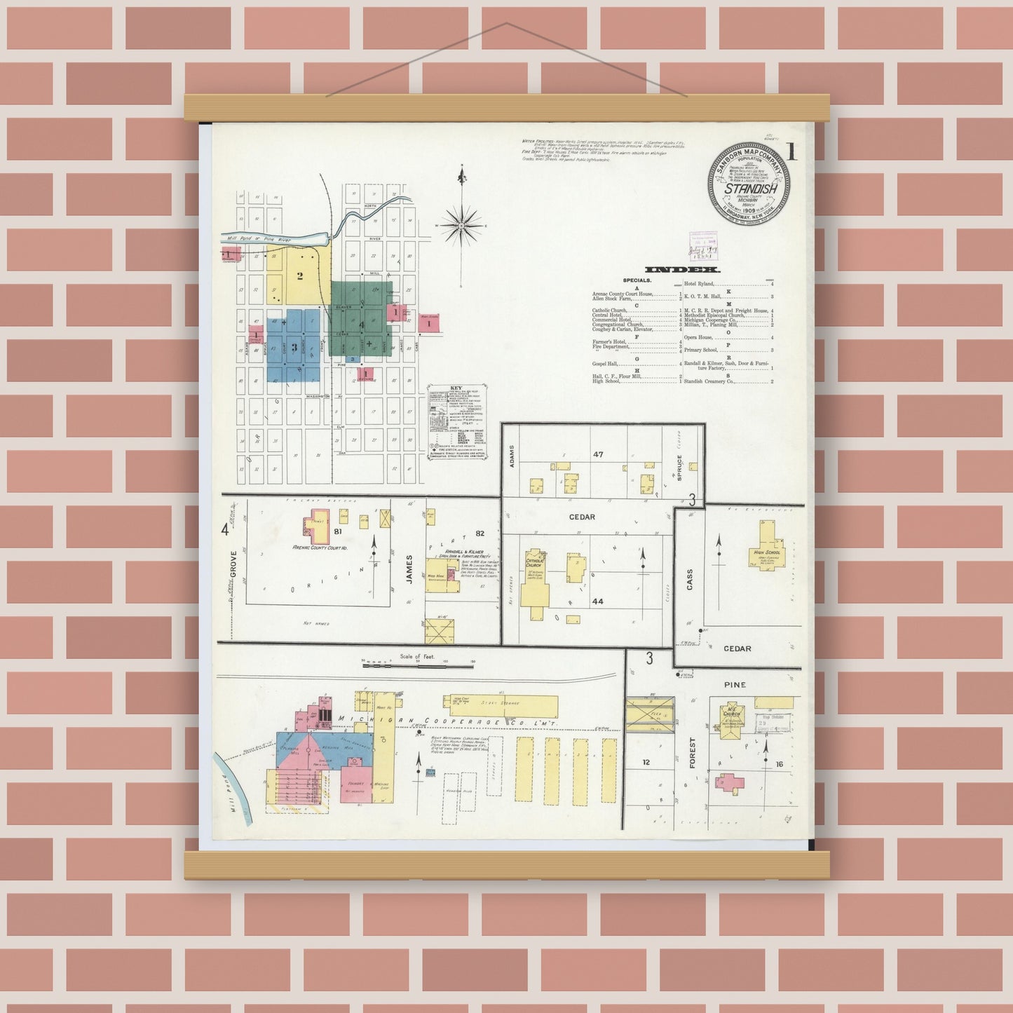 Old map wall art mockup — magnetic wood frame on brick wall — Sanborn Fire Insurance Map from Standish, Arenac County, Michigan (1909), Sheet #0001
