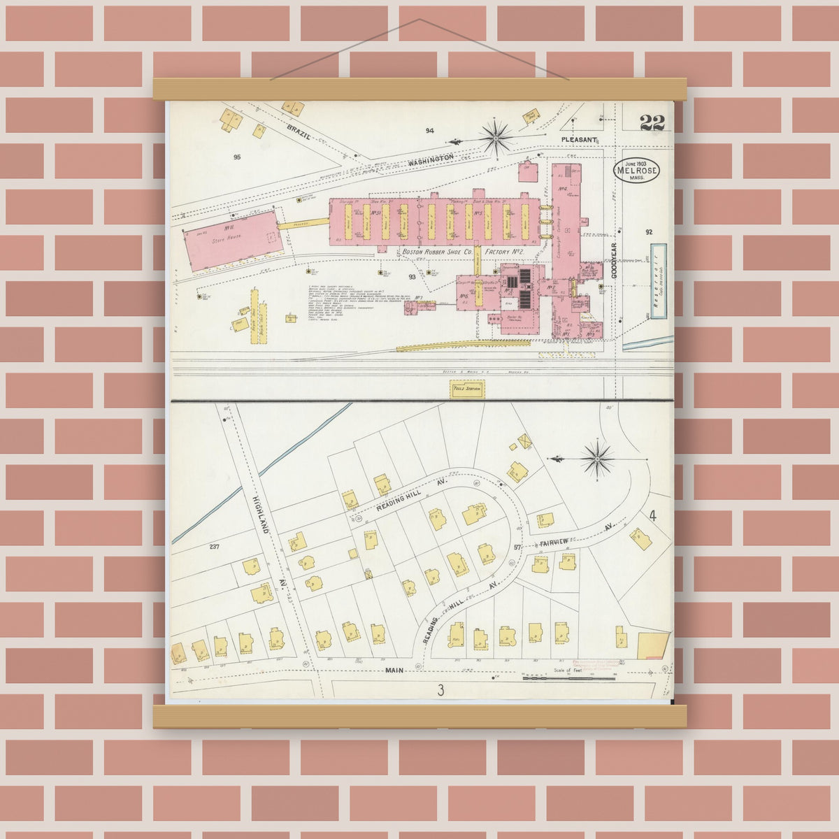 Old map wall art mockup — magnetic wood frame on brick wall — Sanborn Fire Insurance Map from Melrose, Middlesex County, Massachusetts (1903), Sheet #0022