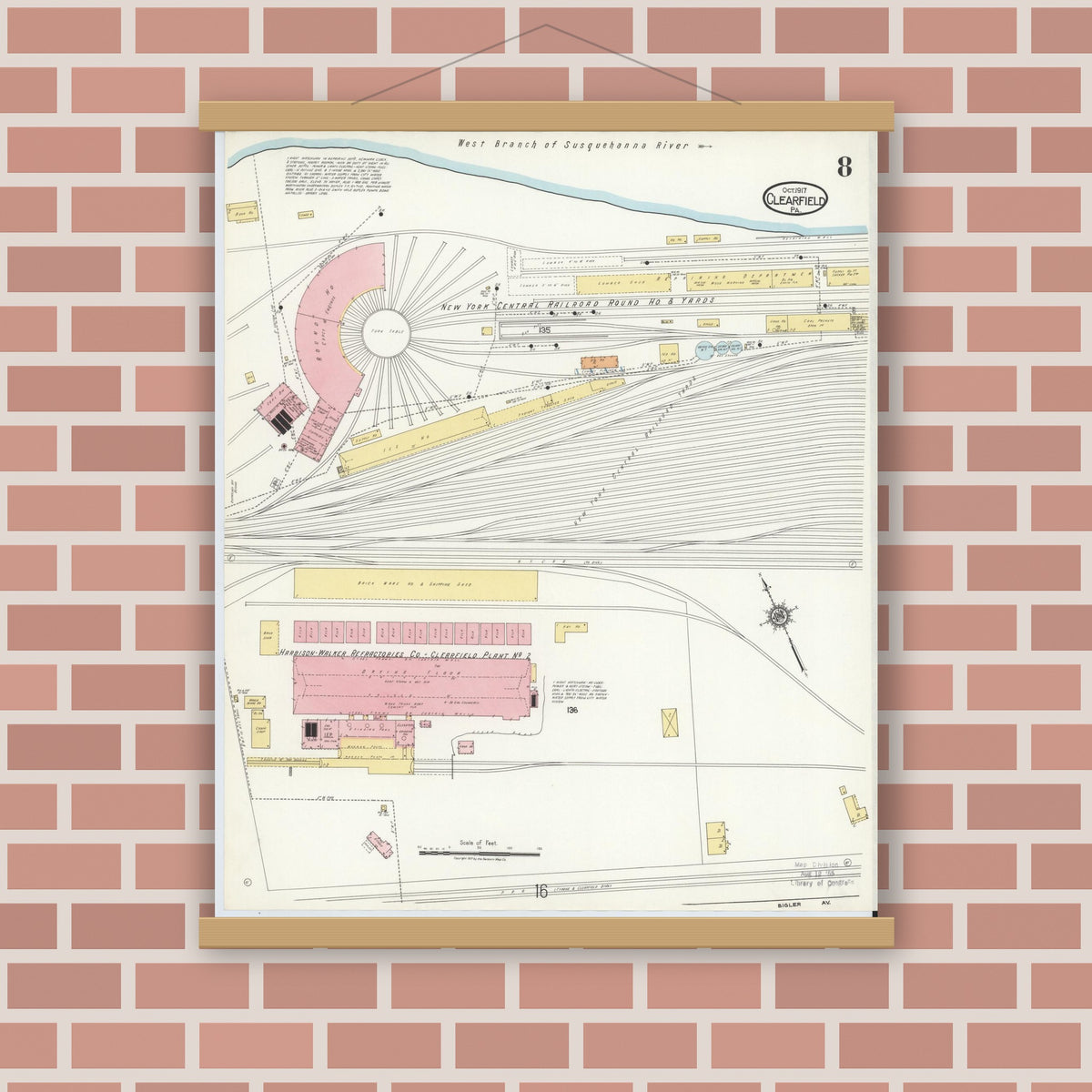 Old map wall art mockup — magnetic wood frame on brick wall — Sanborn Fire Insurance Map from Clearfield, Clearfield County, Pennsylvania (1917), Sheet #0008