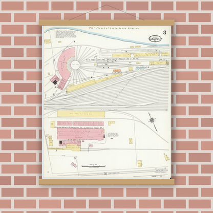 Old map wall art mockup — magnetic wood frame on brick wall — Sanborn Fire Insurance Map from Clearfield, Clearfield County, Pennsylvania (1917), Sheet #0008