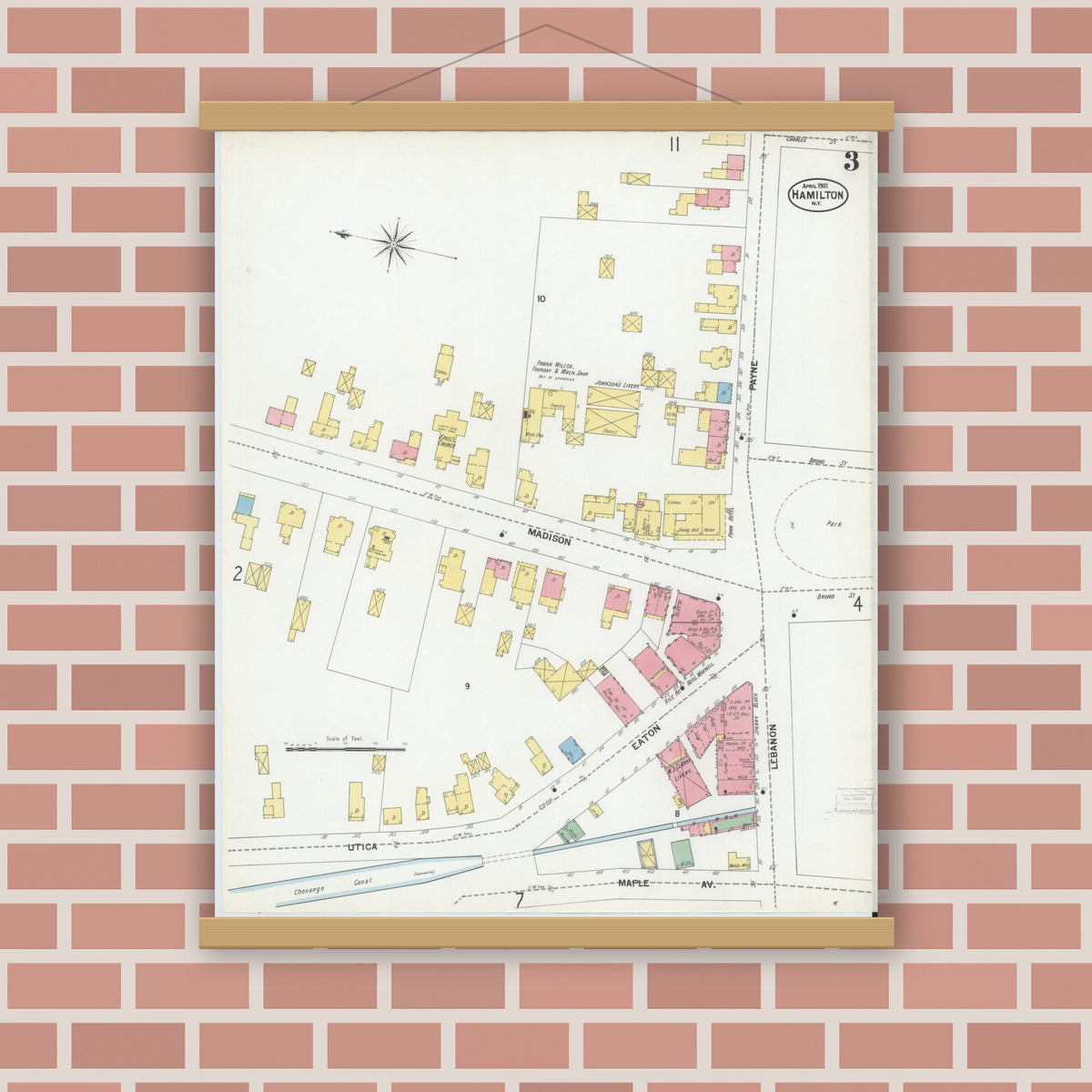Old map wall art mockup — magnetic wood frame on brick wall — Sanborn Fire Insurance Map from Hamilton, Madison County, New York (1901), Sheet #0003
