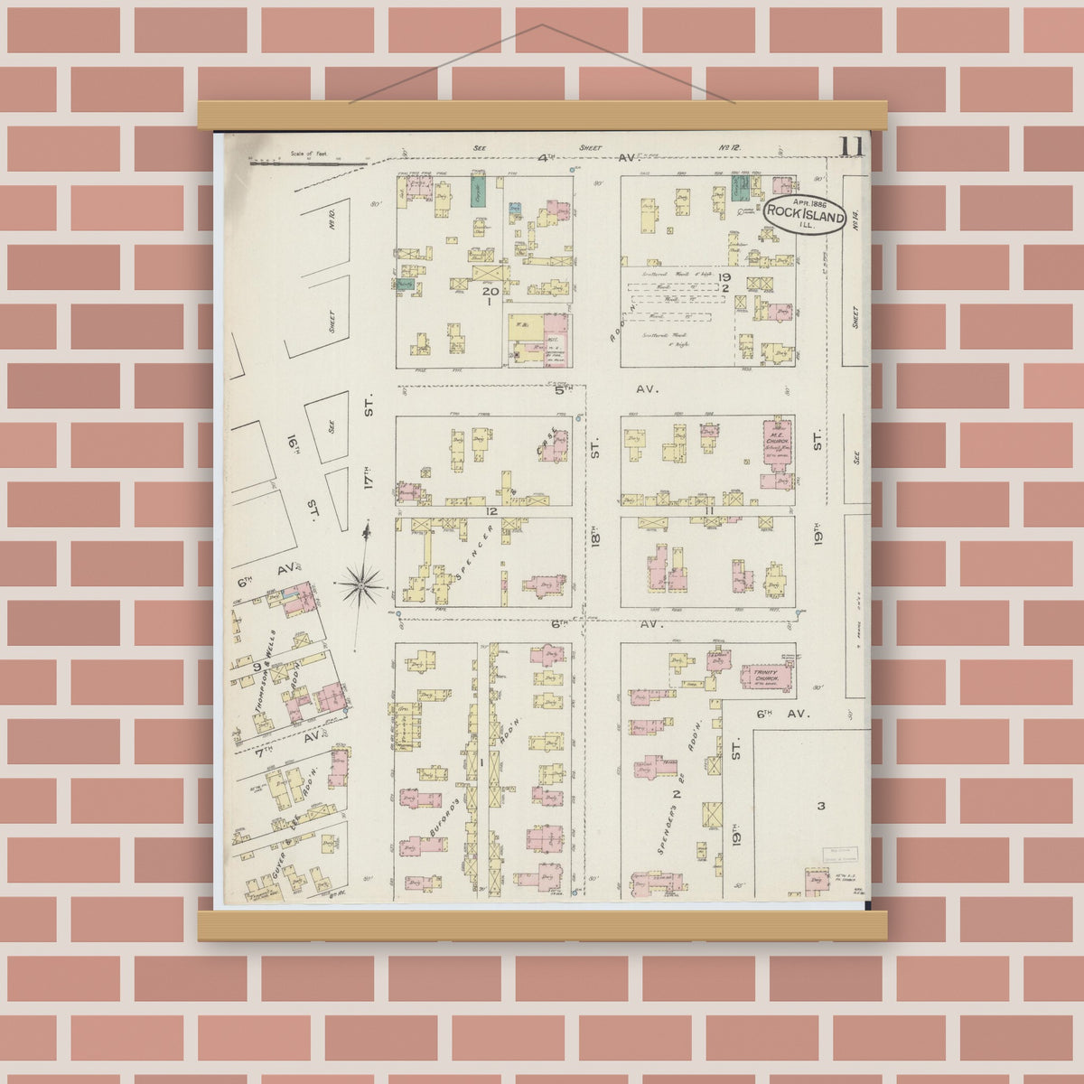 Old map wall art mockup — magnetic wood frame on brick wall — Sanborn Fire Insurance Map from Rock Island, Rock Island County, Illinois (1886), Sheet #0011